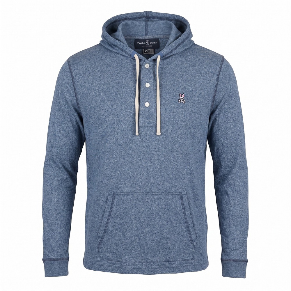 Psycho Bunny Henley Hoodie Men Size 4 Small Blue Heather Pima Cotton Long Sleeve